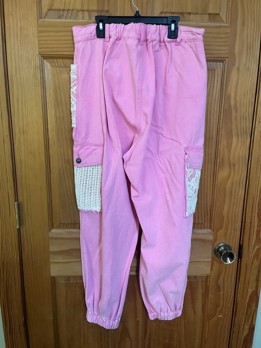 POL Pink Distressed Cargo Joggers with Cream Lace Patches - Picture 3 of 4